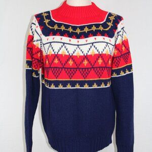 True Vintage 70s JC Penney Knit Pattern Sweater Red Navy Size Small Ski Winter